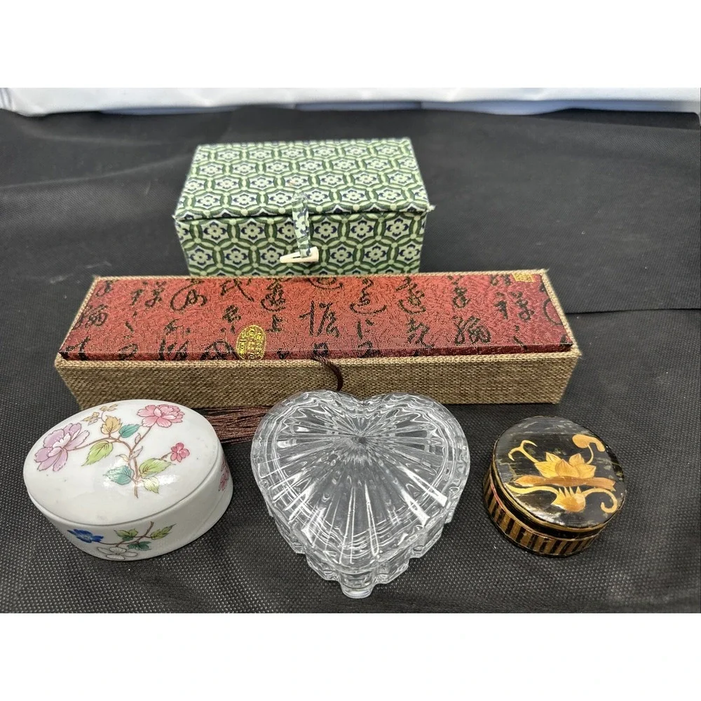 Lot Of 5 Trinket Boxes Glass Heart, Wood Box, Toscany Ceramic, Asian Cloth